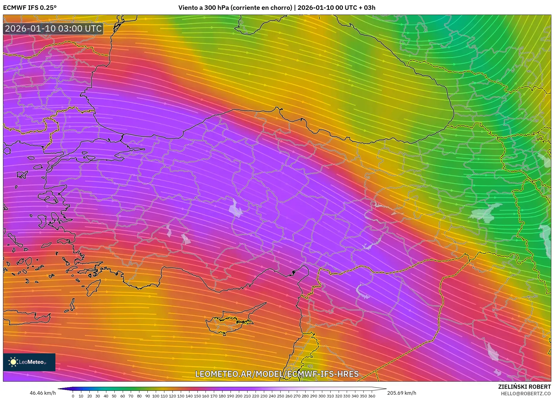 ECMWF IFS 0.25° model - Turquía, Viento a 300 hPa (corriente en chorro)