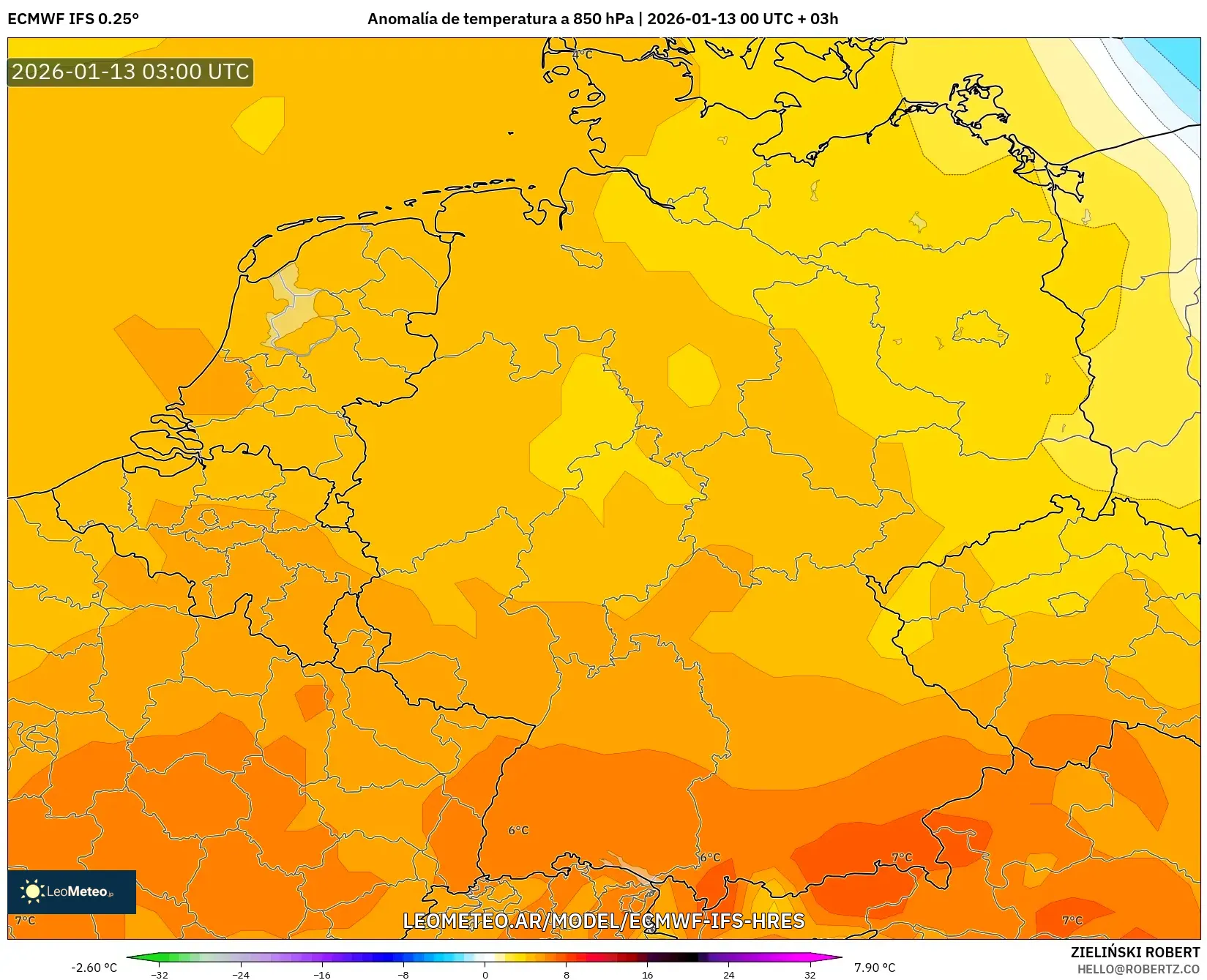 ECMWF IFS 0.25° model - Alemania, Anomalía de temperatura a 850 hPa