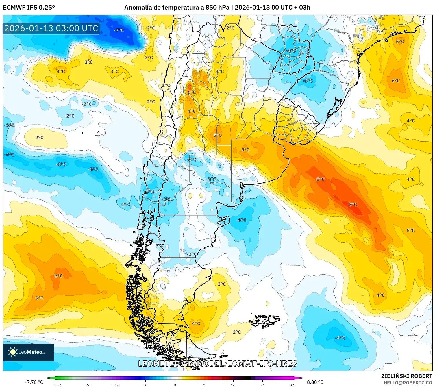 ECMWF IFS 0.25° model - Argentina, Anomalía de temperatura a 850 hPa