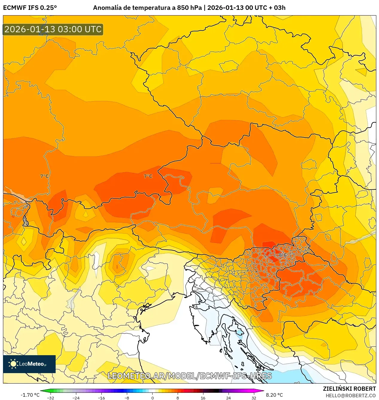 ECMWF IFS 0.25° model - Austria, Anomalía de temperatura a 850 hPa