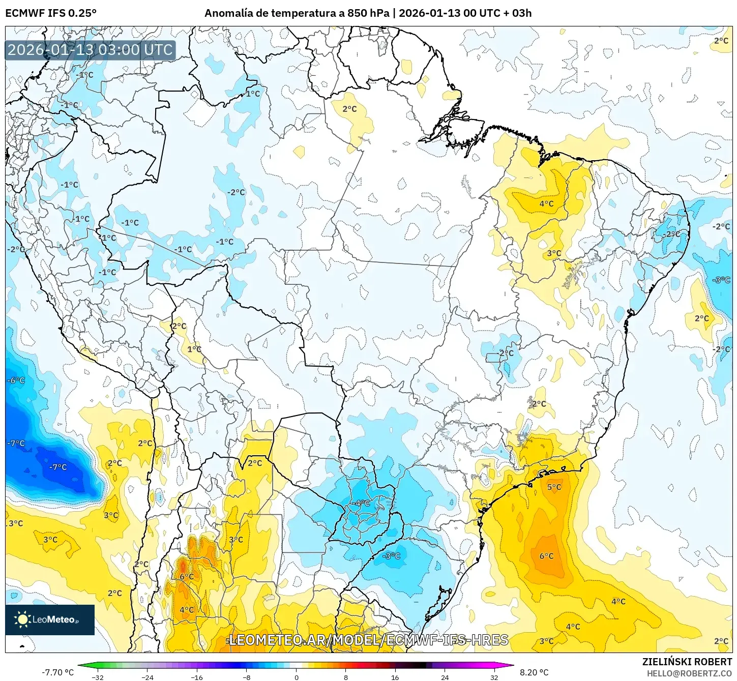ECMWF IFS 0.25° model - Brasil, Anomalía de temperatura a 850 hPa