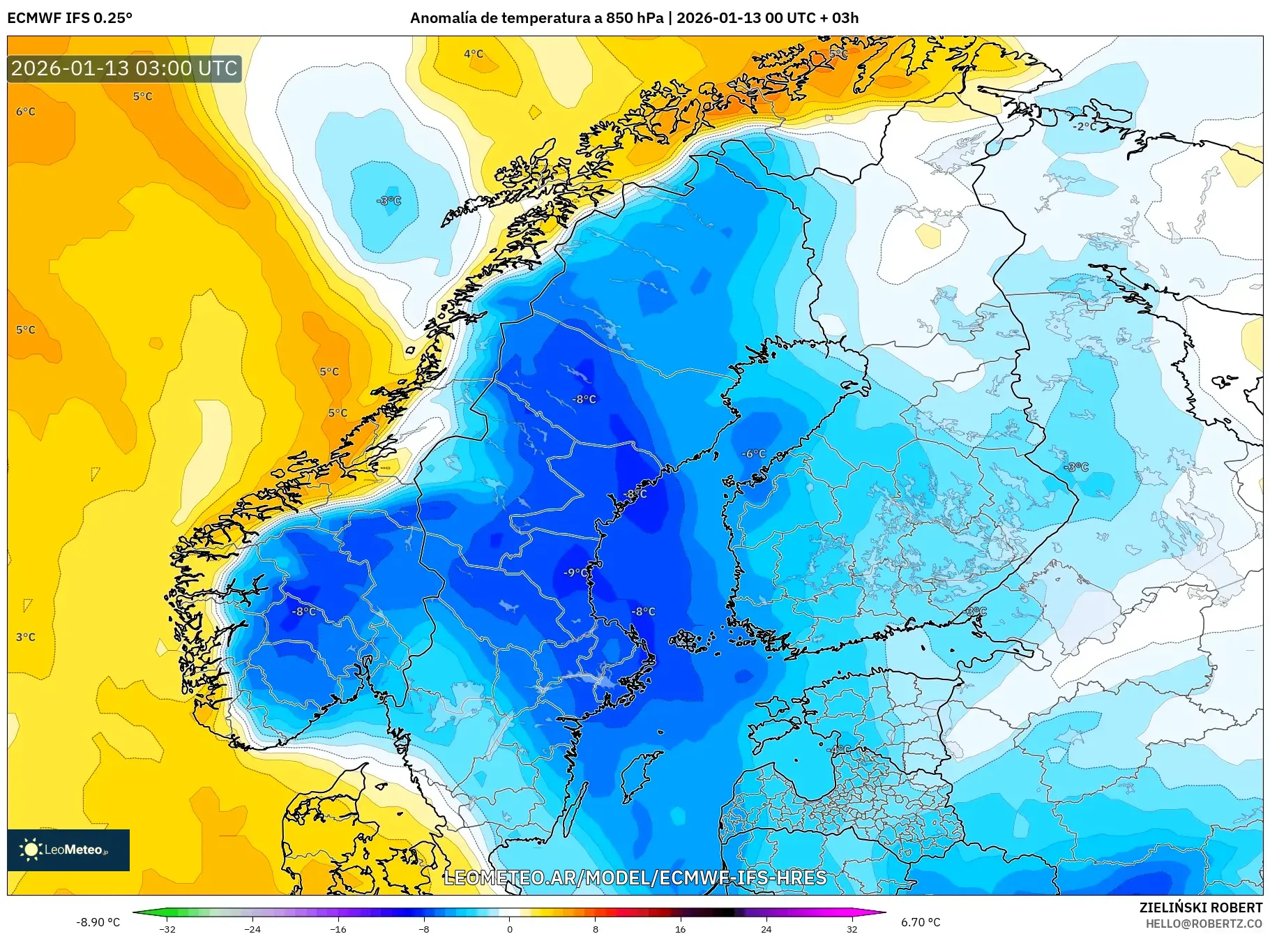 ECMWF IFS 0.25° model - Escandinavia, Anomalía de temperatura a 850 hPa