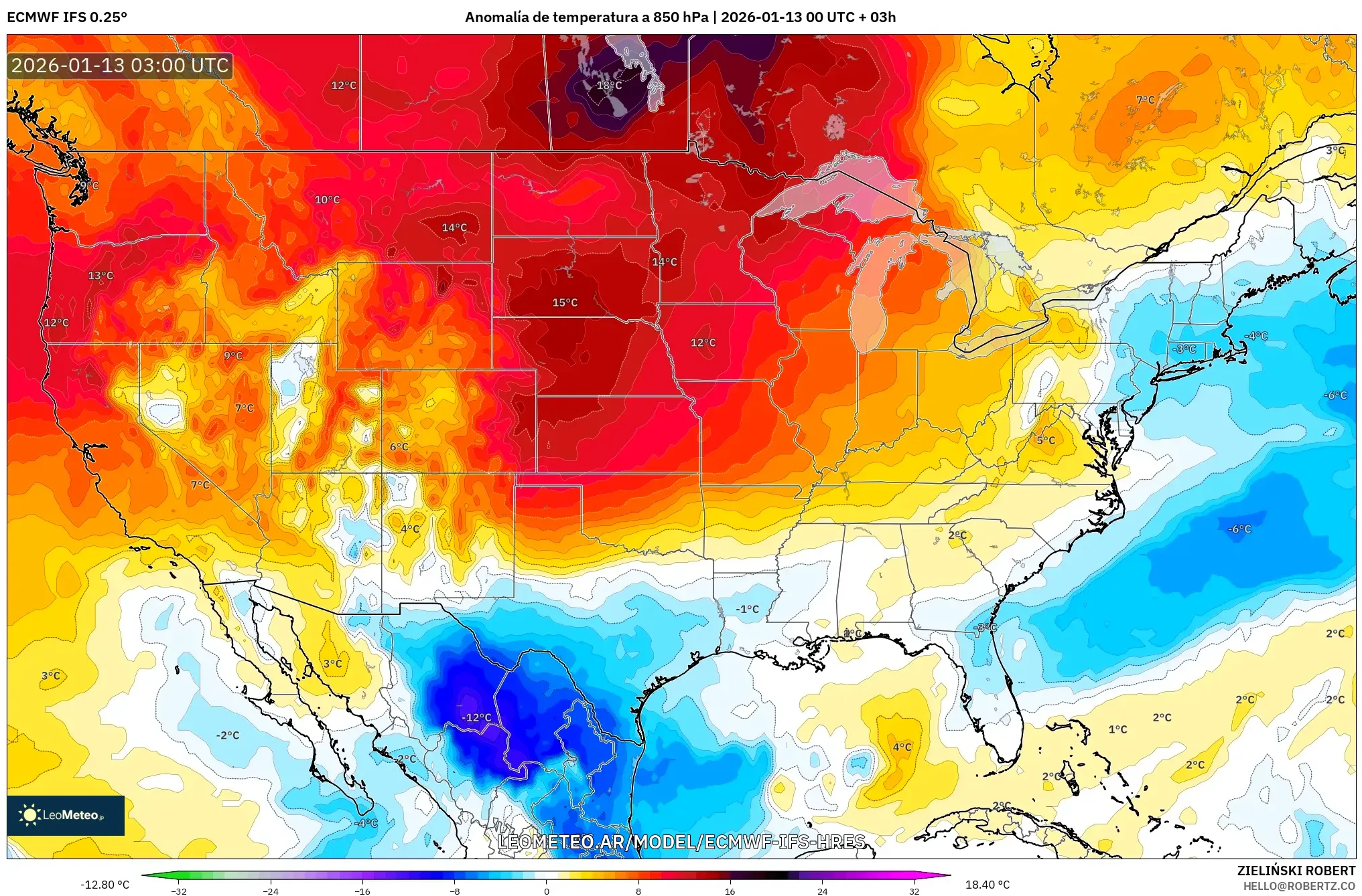 ECMWF IFS 0.25° model - Estados Unidos, Anomalía de temperatura a 850 hPa