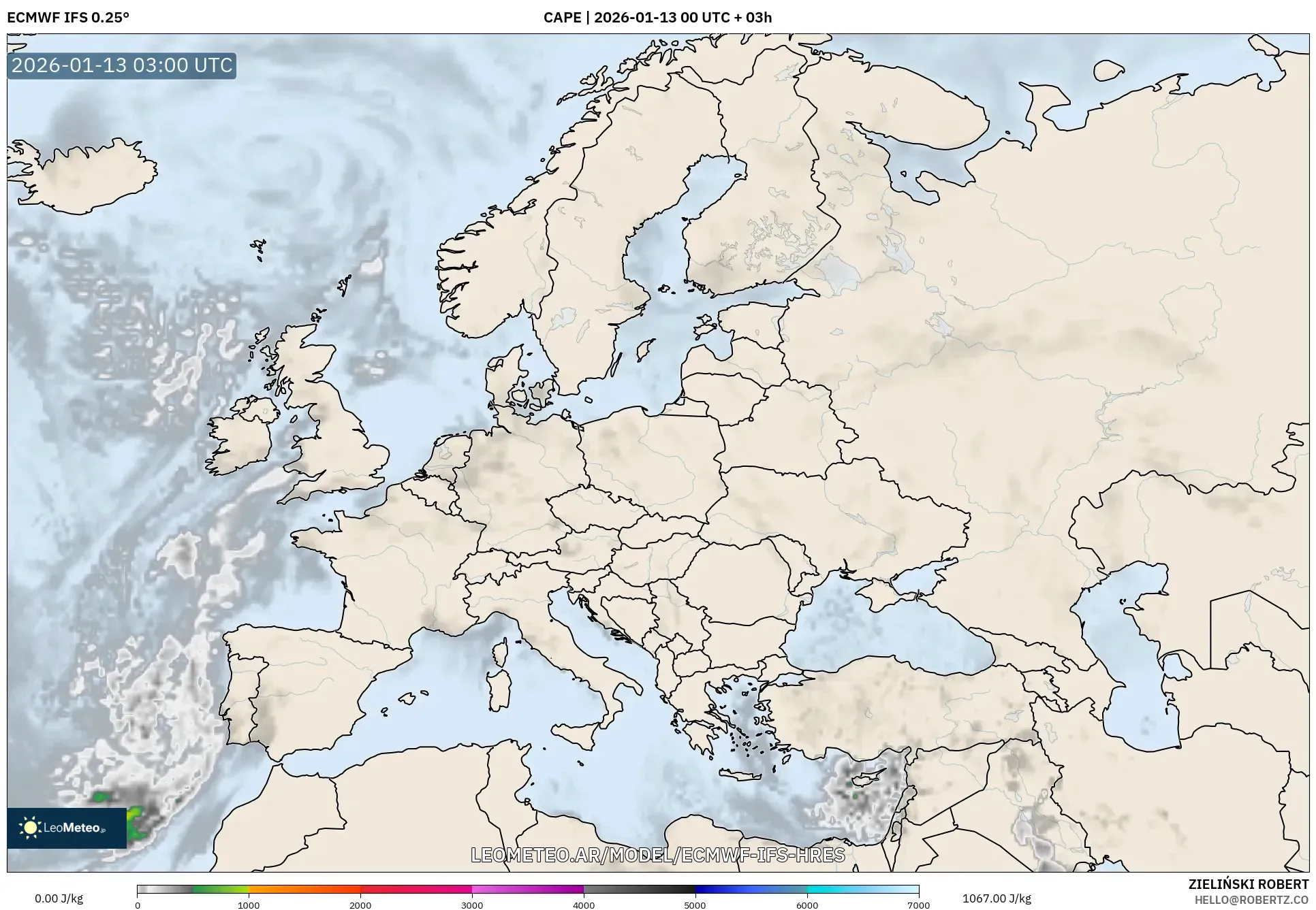 ECMWF IFS 0.25° model - Europa, CAPE