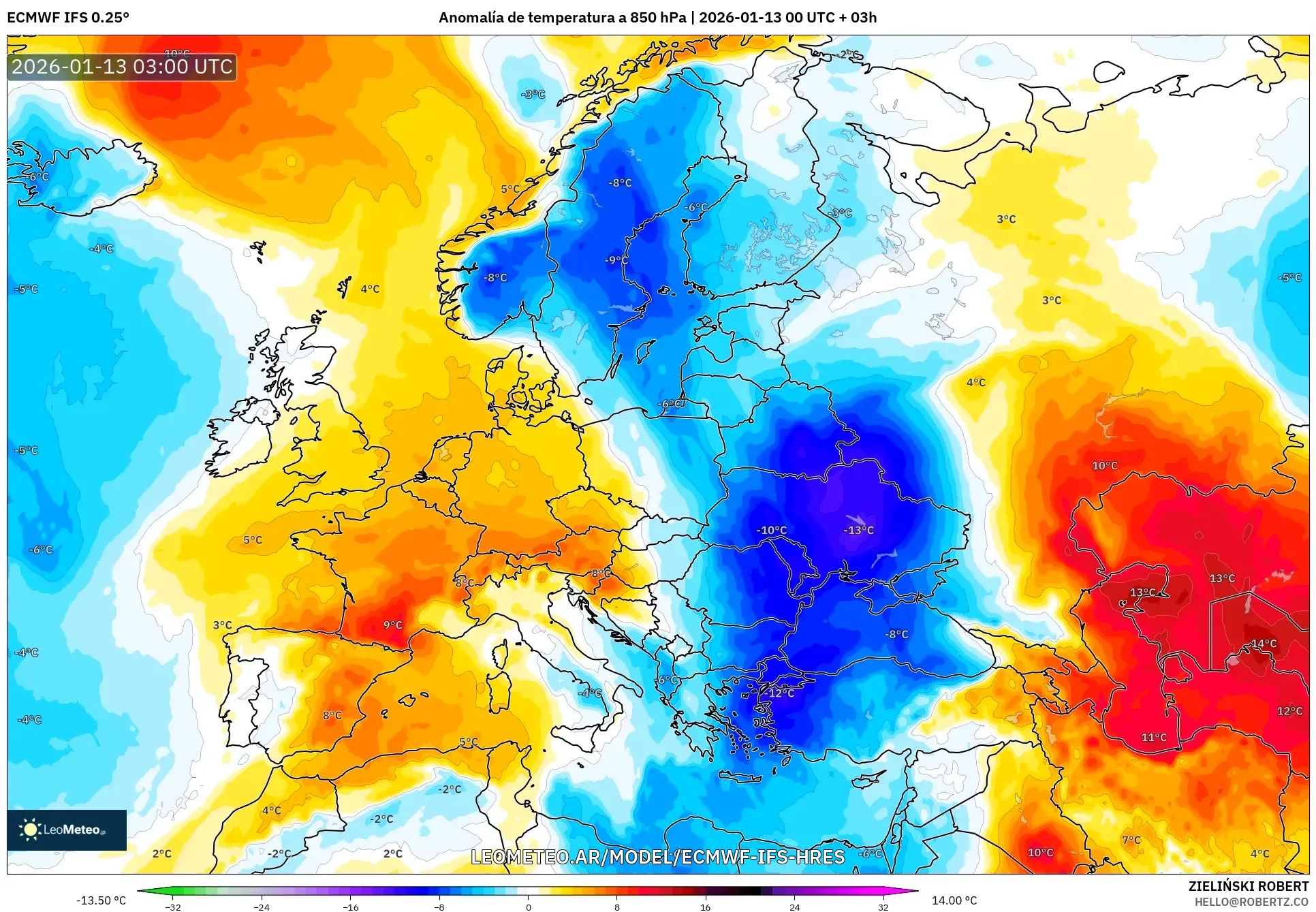 ECMWF IFS 0.25° model - Europa, Anomalía de temperatura a 850 hPa