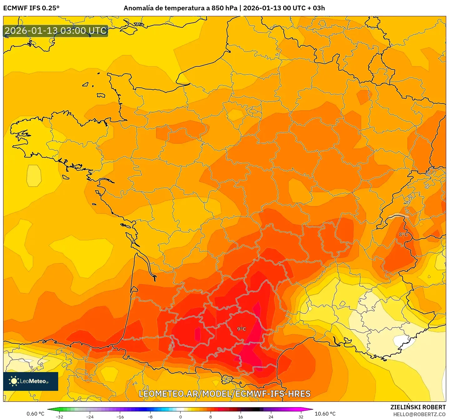 ECMWF IFS 0.25° model - Francia, Anomalía de temperatura a 850 hPa