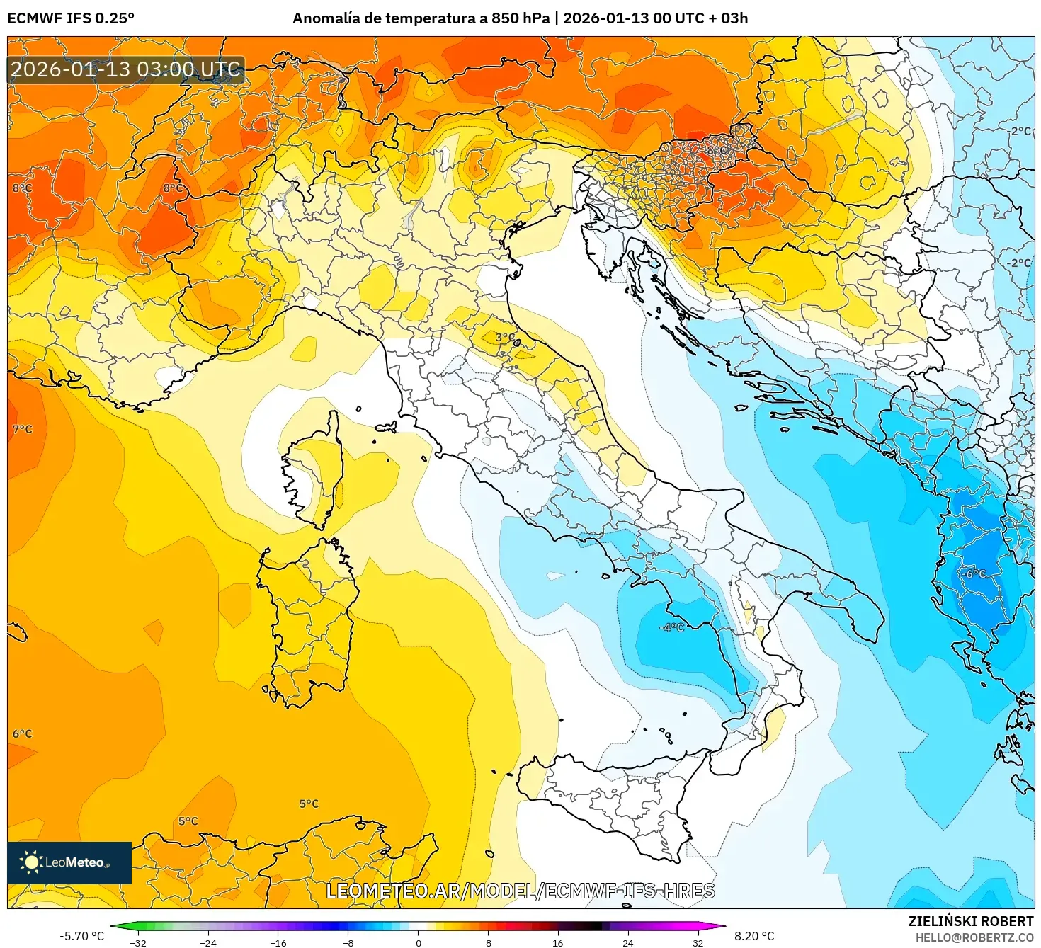 ECMWF IFS 0.25° model - Italia, Anomalía de temperatura a 850 hPa