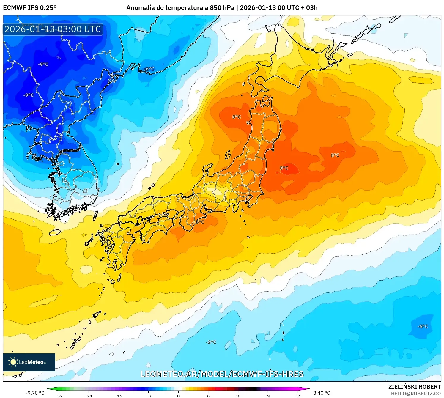 ECMWF IFS 0.25° model - Japón, Anomalía de temperatura a 850 hPa