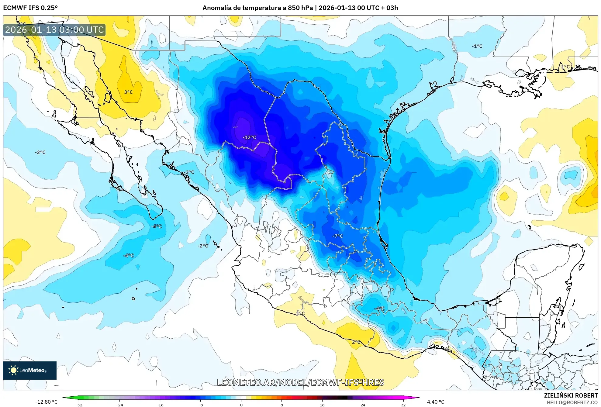 ECMWF IFS 0.25° model - México, Anomalía de temperatura a 850 hPa