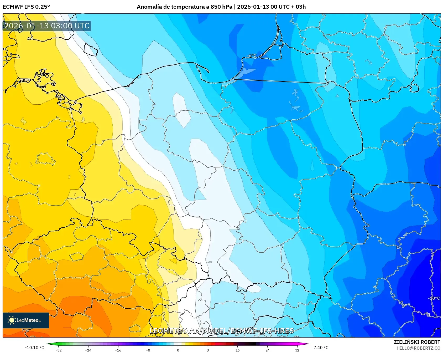ECMWF IFS 0.25° model - Polonia, Anomalía de temperatura a 850 hPa