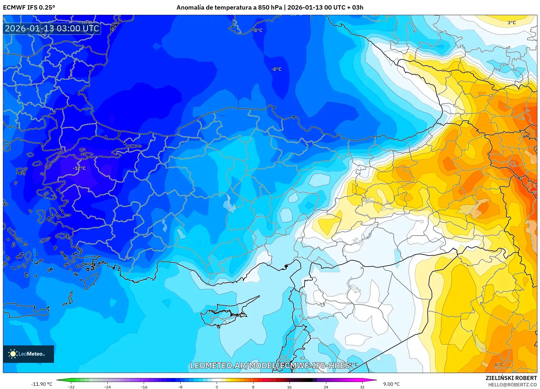 ECMWF IFS 0.25° model - Turquía, Anomalía de temperatura a 850 hPa