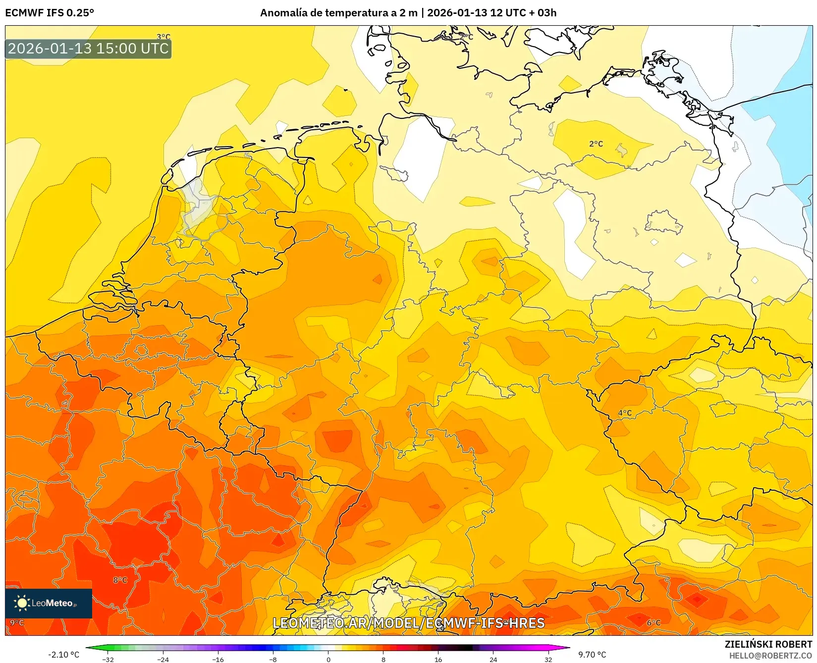 ECMWF IFS 0.25° model - Alemania, Anomalía de temperatura a 2 m