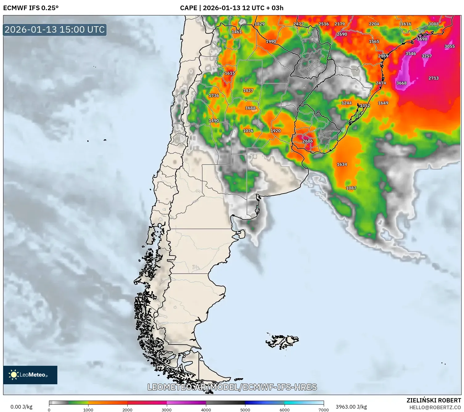 ECMWF IFS 0.25° model - Argentina, CAPE