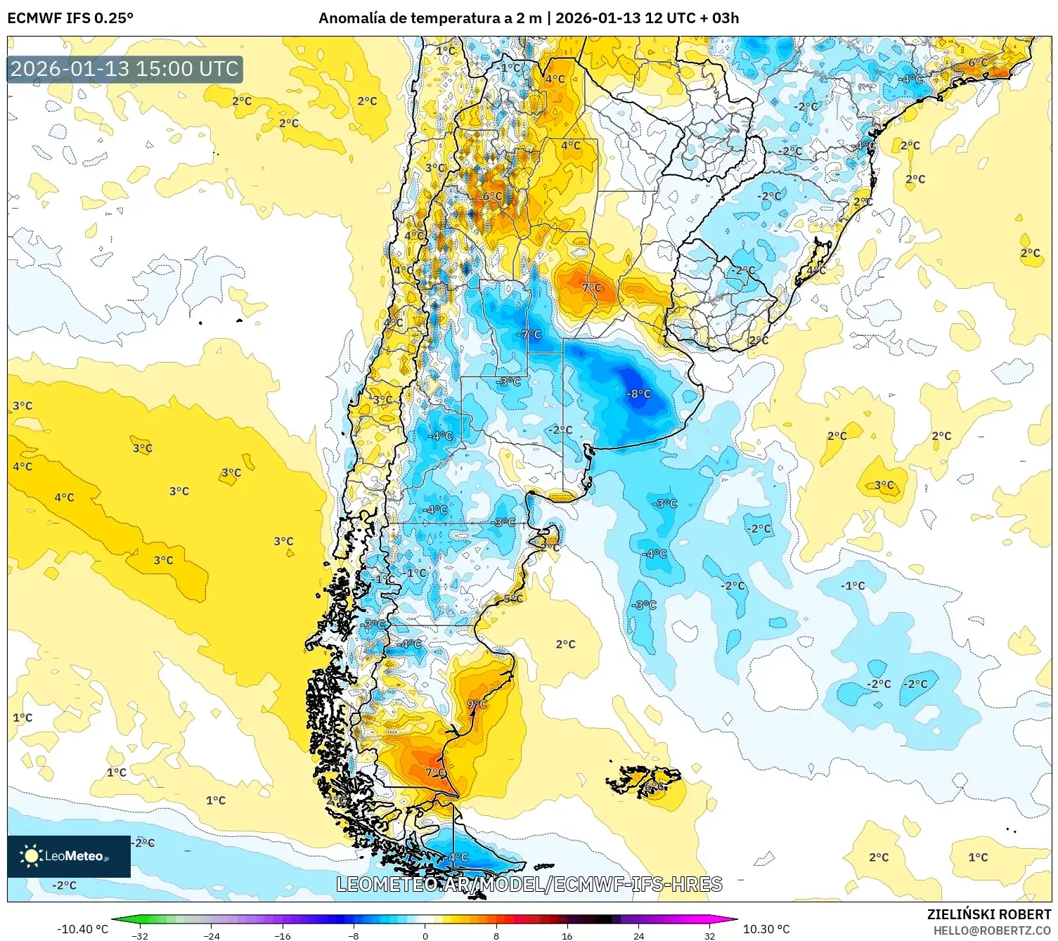 ECMWF IFS 0.25° model - Argentina, Anomalía de temperatura a 2 m