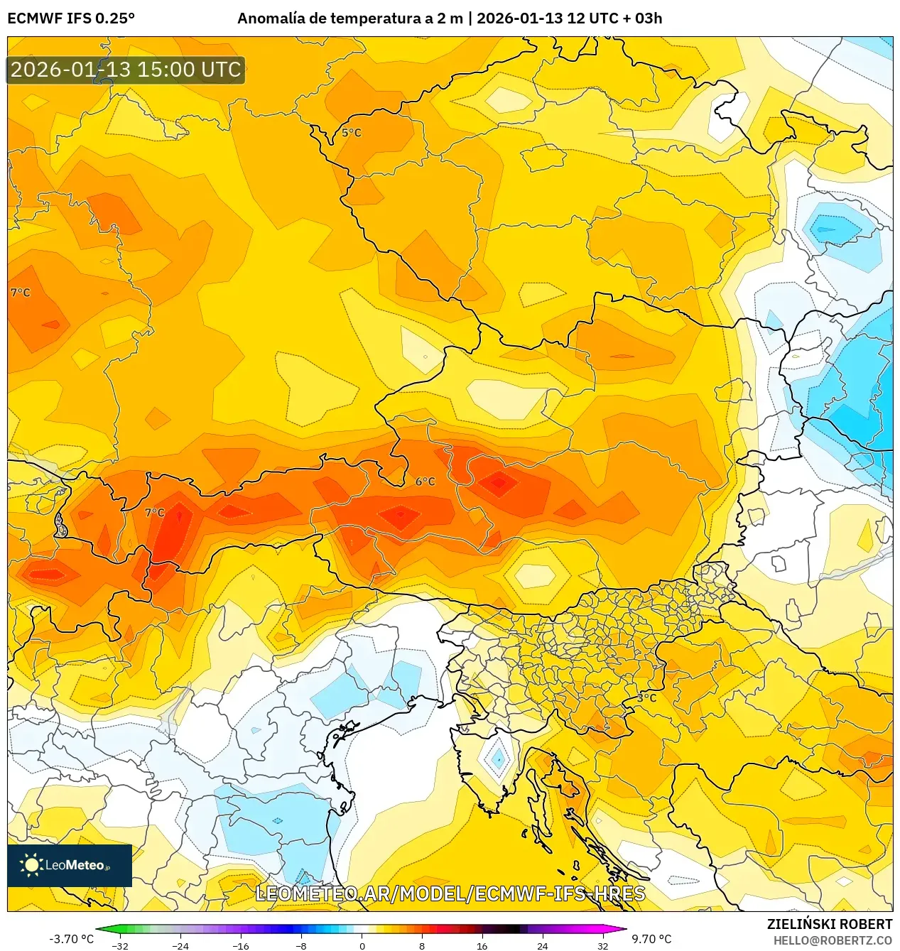 ECMWF IFS 0.25° model - Austria, Anomalía de temperatura a 2 m