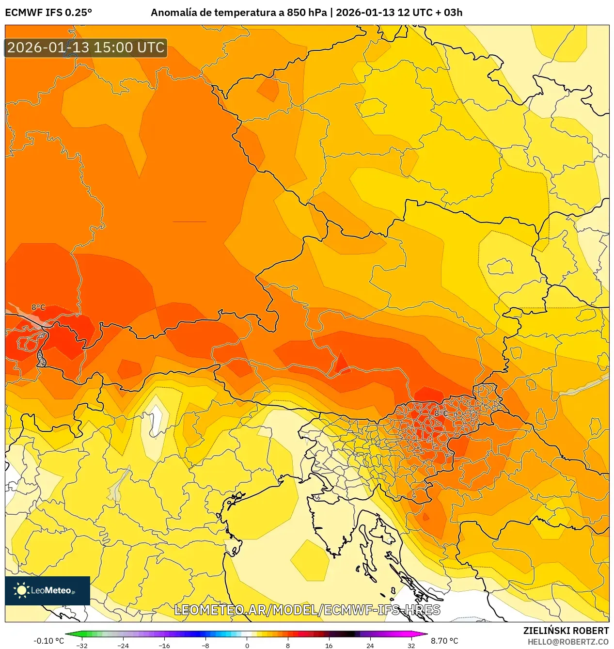 ECMWF IFS 0.25° model - Austria, Anomalía de temperatura a 850 hPa