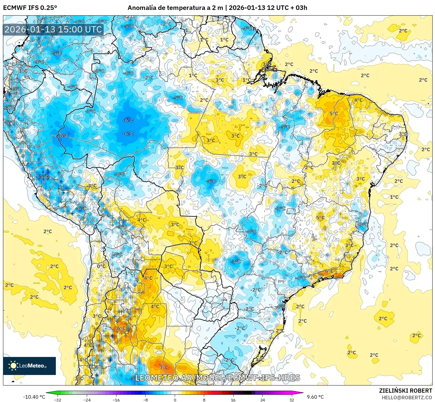 ECMWF IFS 0.25° model - Brasil, Anomalía de temperatura a 2 m