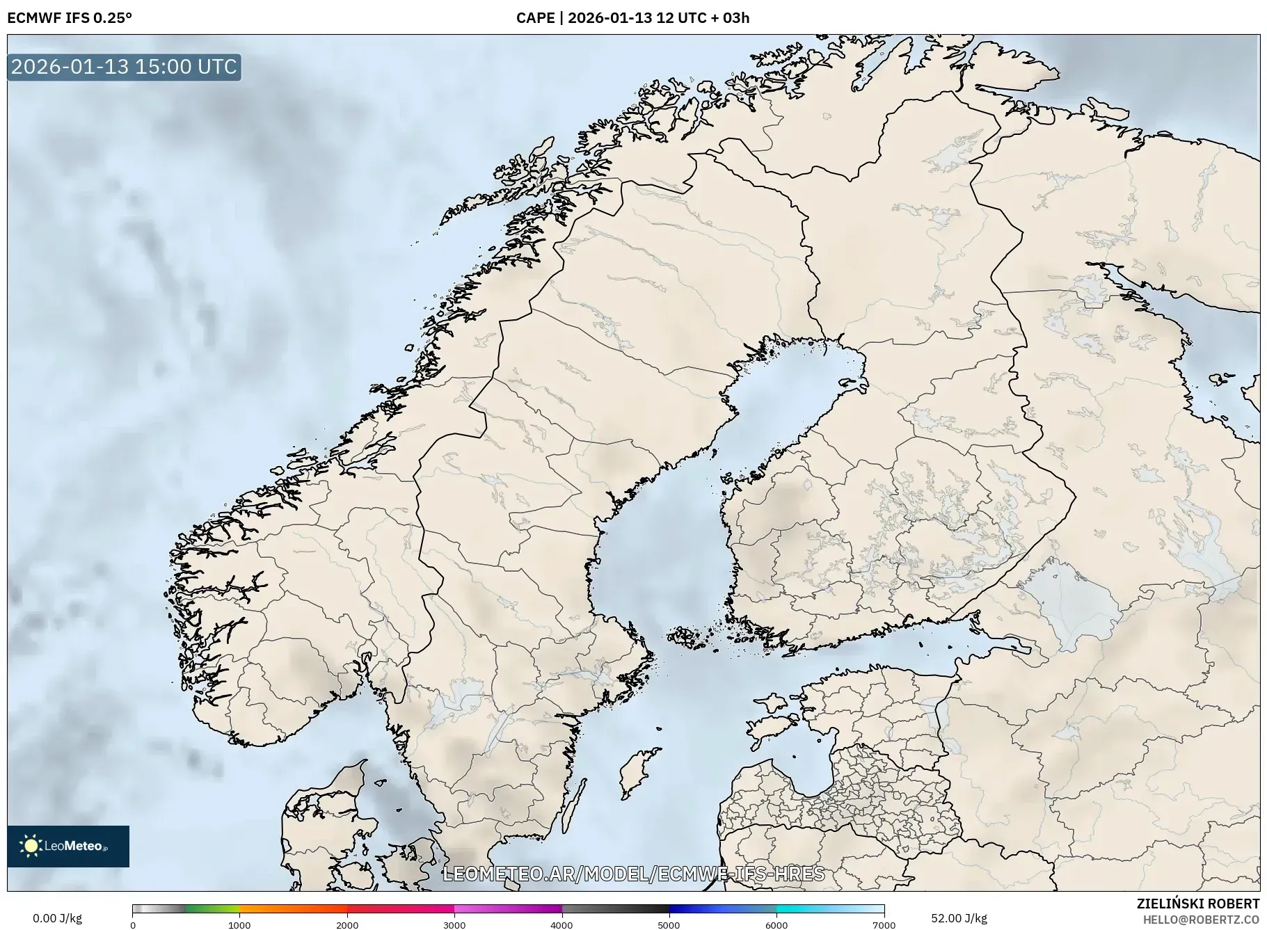 ECMWF IFS 0.25° model - Escandinavia, CAPE