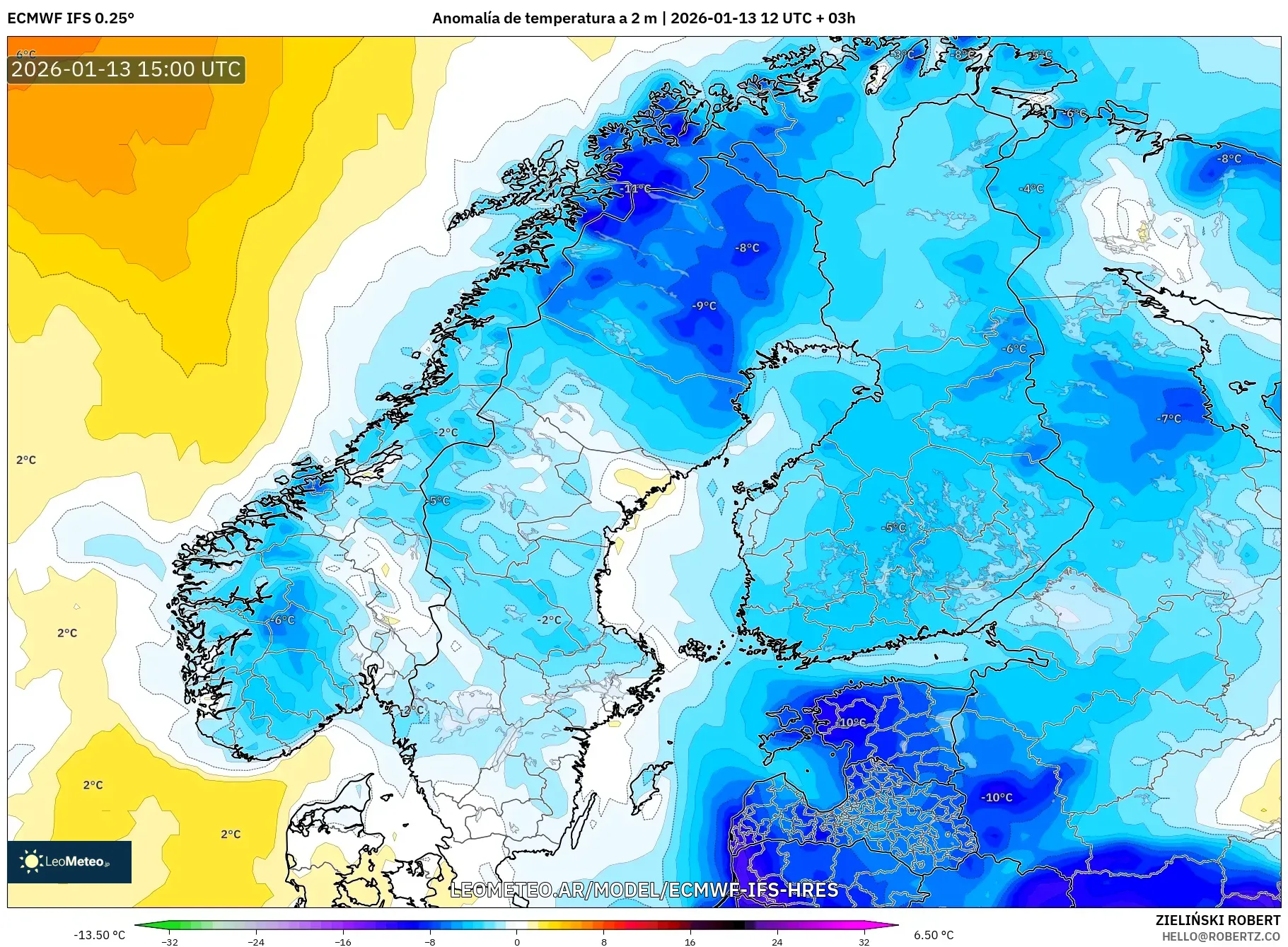 ECMWF IFS 0.25° model - Escandinavia, Anomalía de temperatura a 2 m