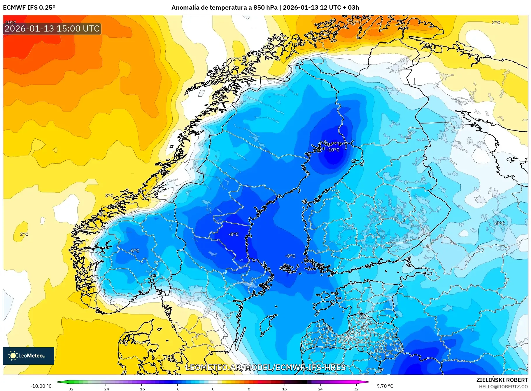 ECMWF IFS 0.25° model - Escandinavia, Anomalía de temperatura a 850 hPa