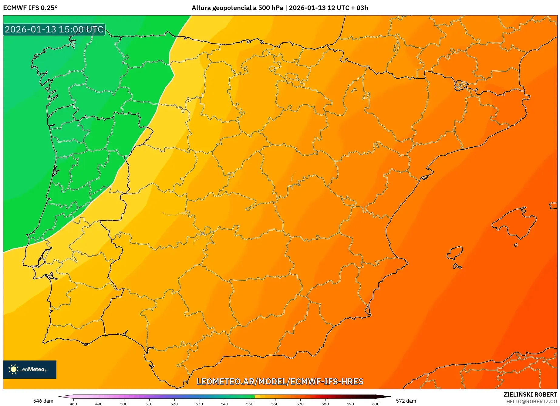 ECMWF IFS 0.25° model - España, Altura geopotencial a 500 hPa