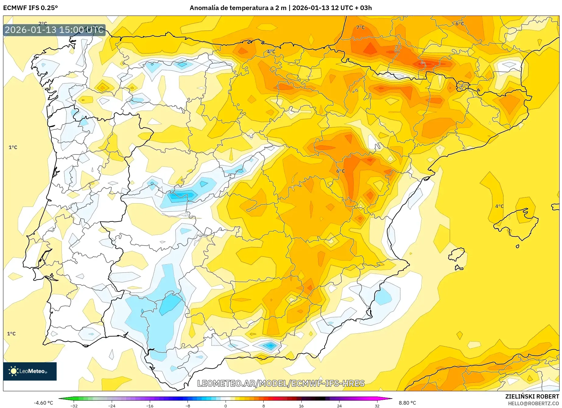 ECMWF IFS 0.25° model - España, Anomalía de temperatura a 2 m