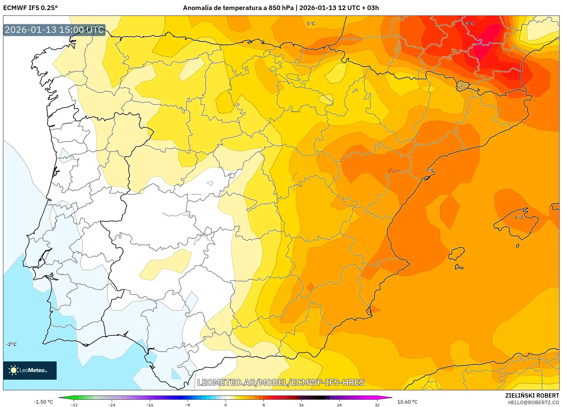 ECMWF IFS 0.25° model - España, Anomalía de temperatura a 850 hPa