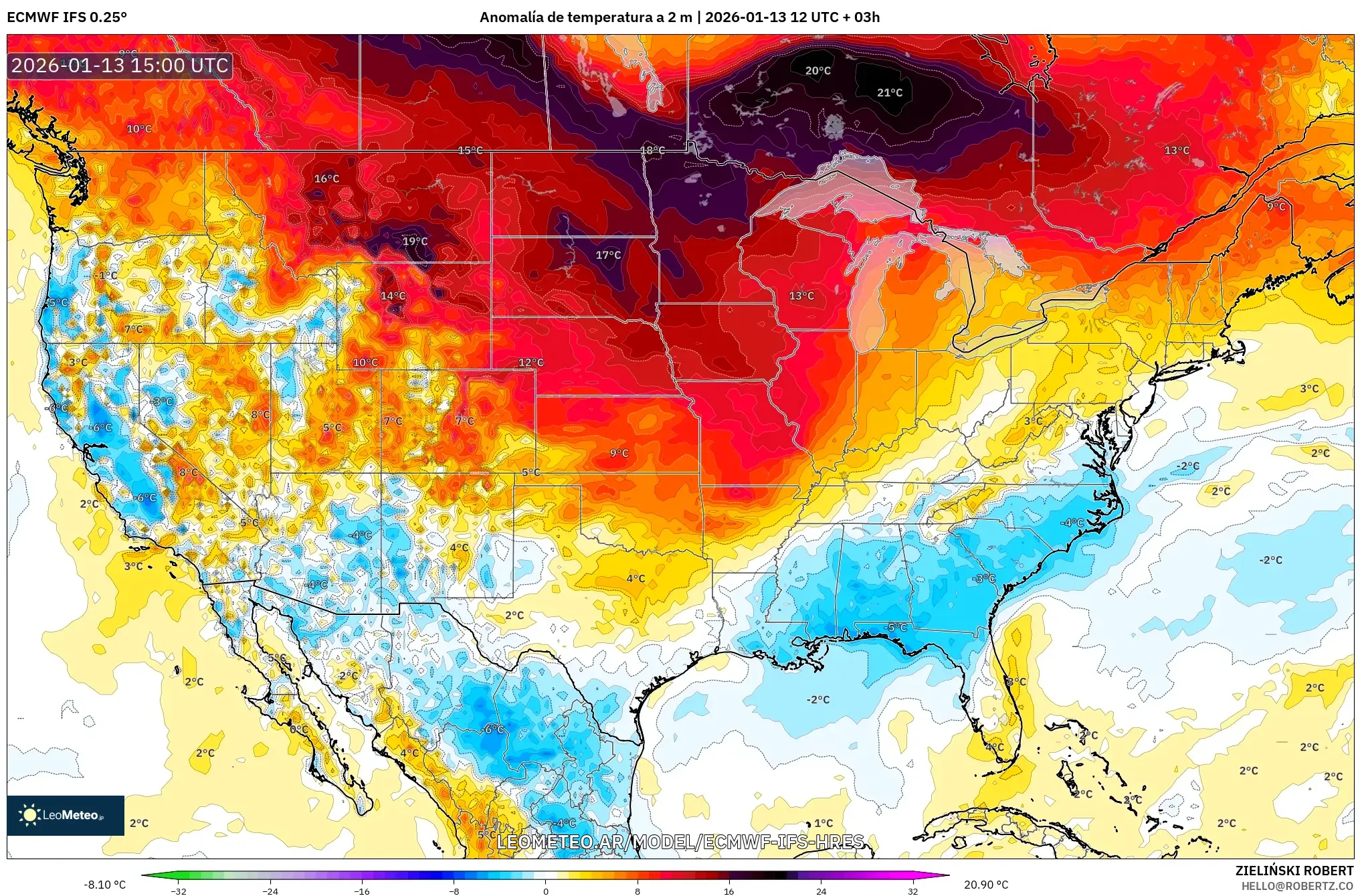 ECMWF IFS 0.25° model - Estados Unidos, Anomalía de temperatura a 2 m