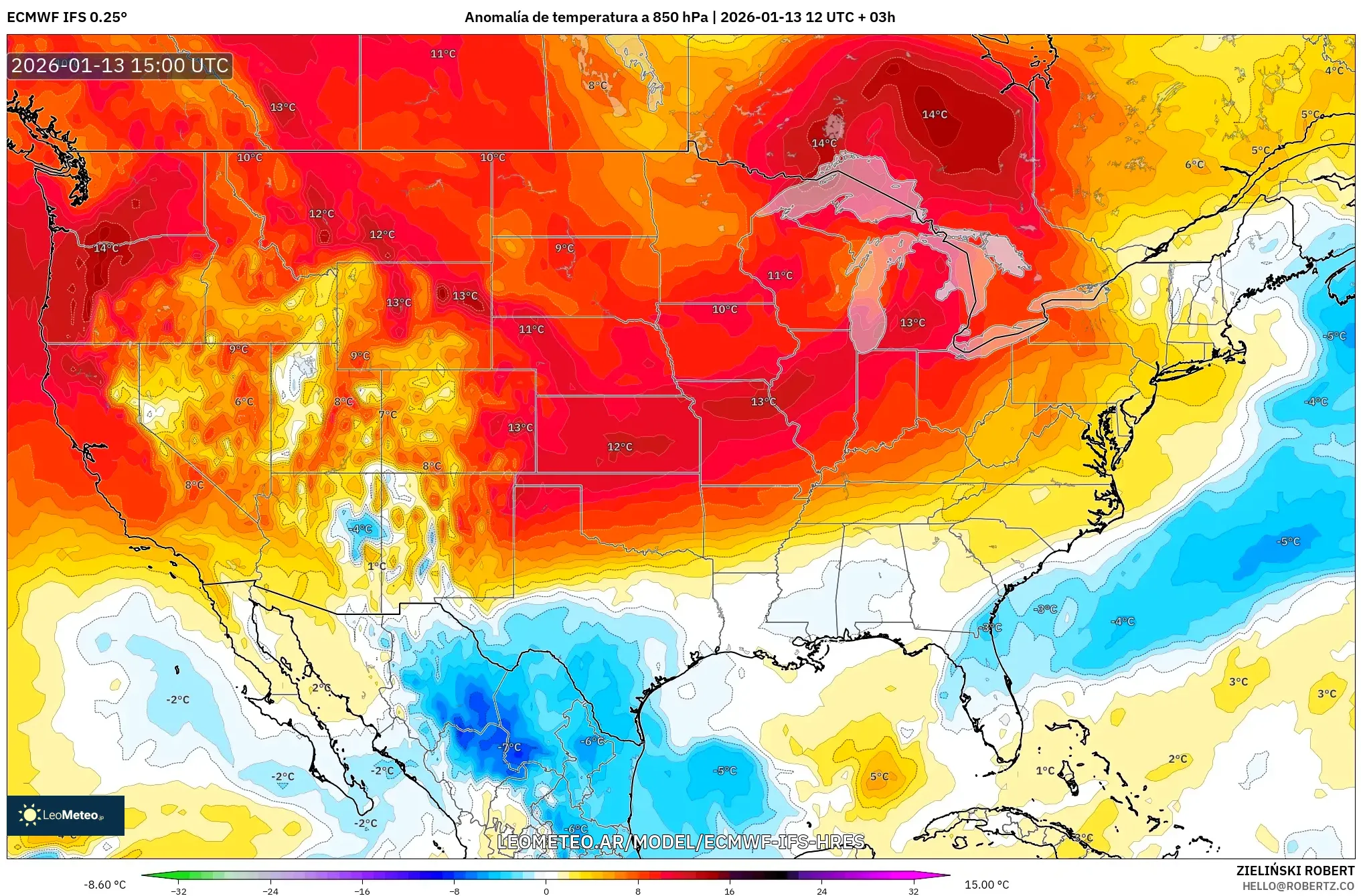 ECMWF IFS 0.25° model - Estados Unidos, Anomalía de temperatura a 850 hPa