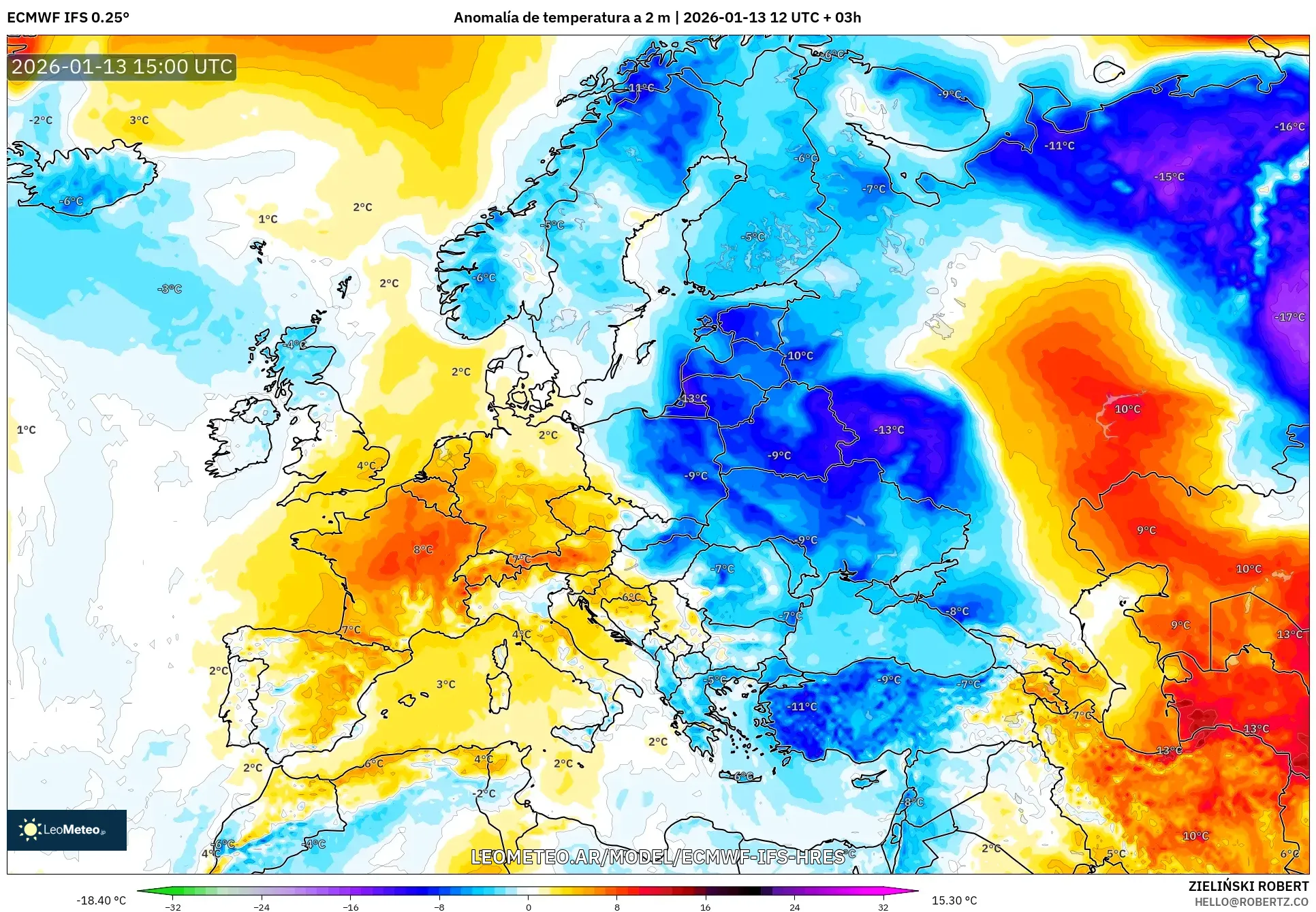ECMWF IFS 0.25° model - Europa, Anomalía de temperatura a 2 m
