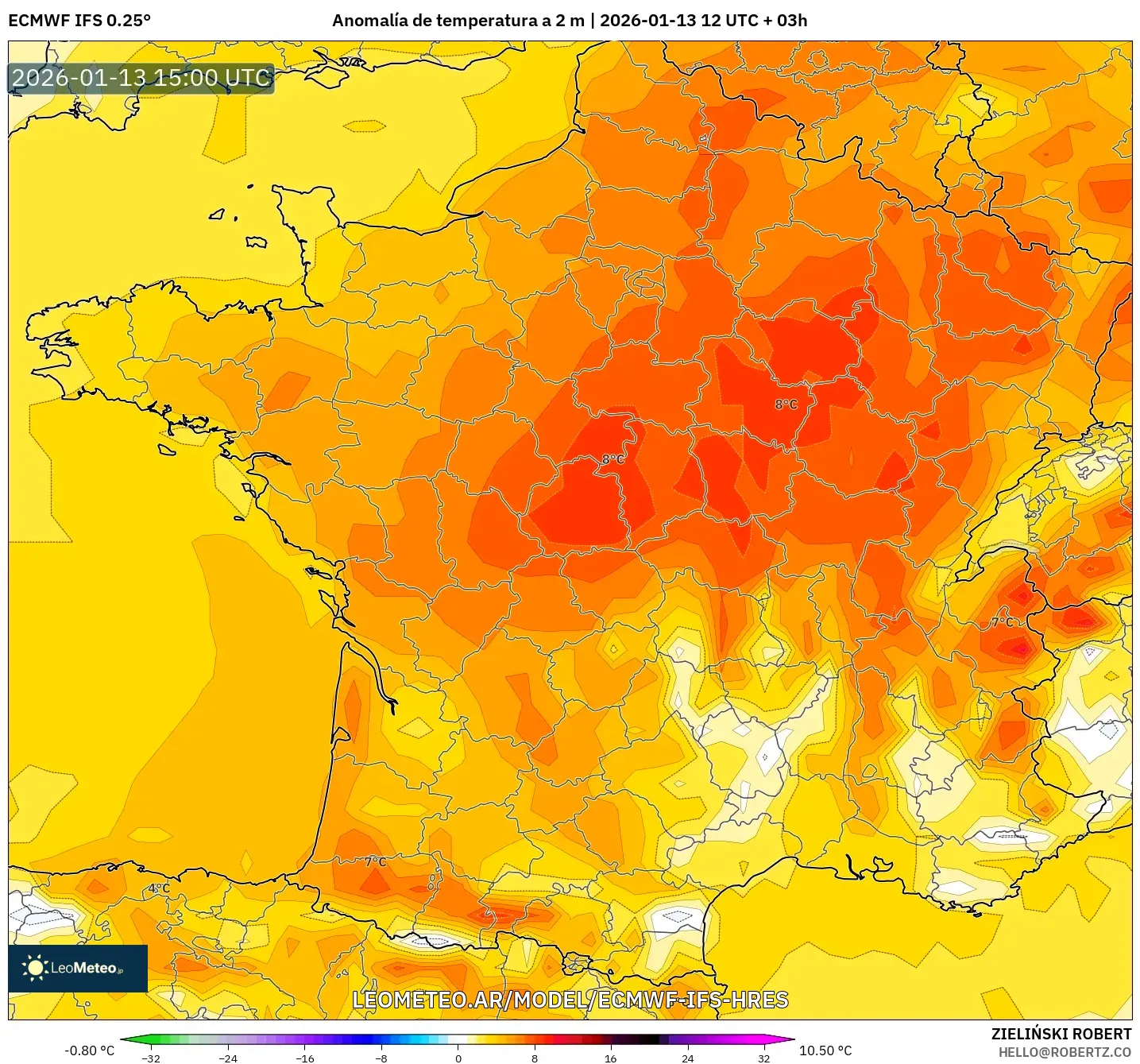 ECMWF IFS 0.25° model - Francia, Anomalía de temperatura a 2 m