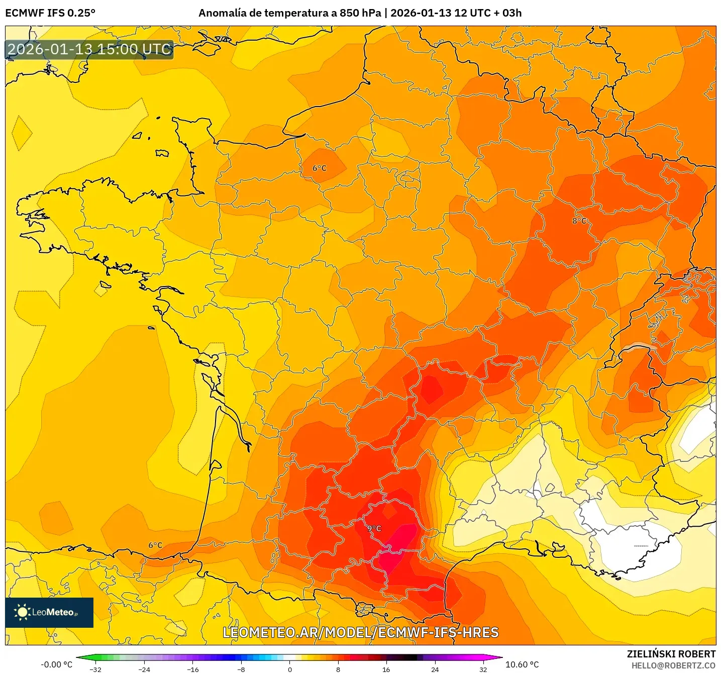 ECMWF IFS 0.25° model - Francia, Anomalía de temperatura a 850 hPa