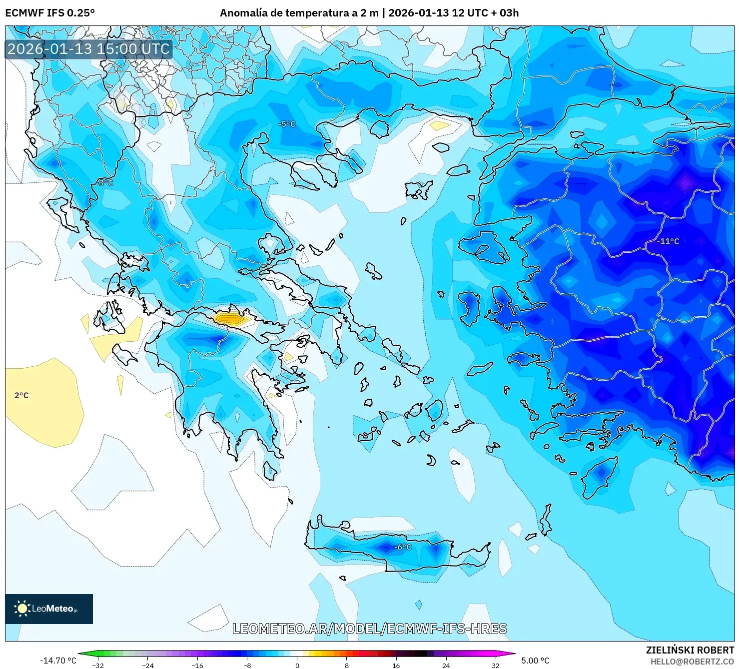 ECMWF IFS 0.25° model - Grecia, Anomalía de temperatura a 2 m