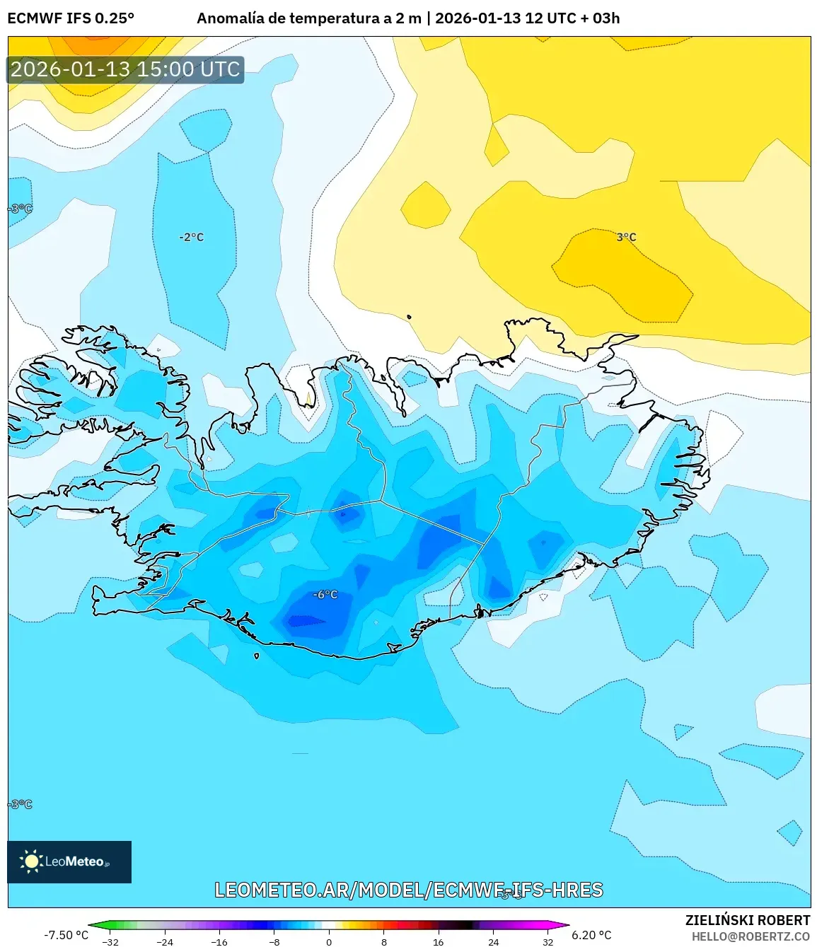 ECMWF IFS 0.25° model - Islandia, Anomalía de temperatura a 2 m
