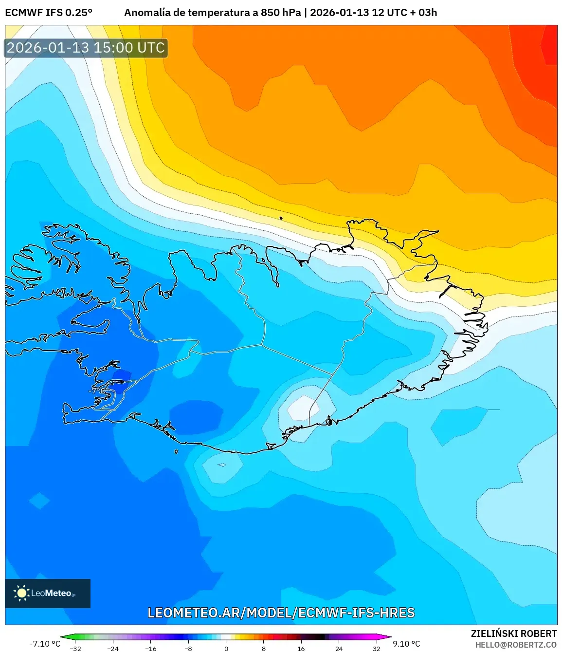 ECMWF IFS 0.25° model - Islandia, Anomalía de temperatura a 850 hPa