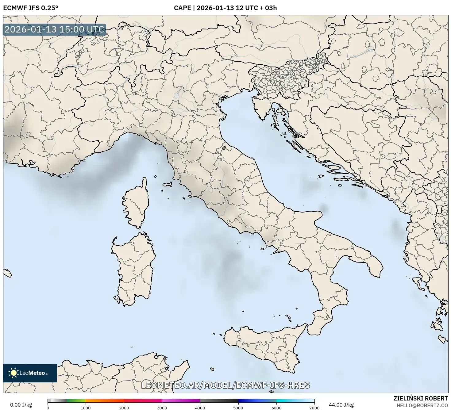 ECMWF IFS 0.25° model - Italia, CAPE