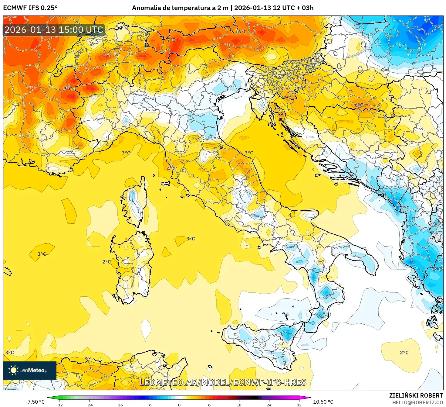 ECMWF IFS 0.25° model - Italia, Anomalía de temperatura a 2 m