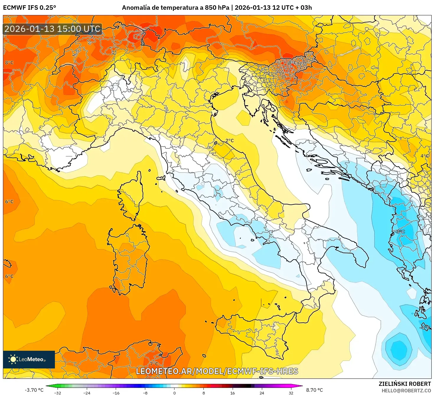 ECMWF IFS 0.25° model - Italia, Anomalía de temperatura a 850 hPa