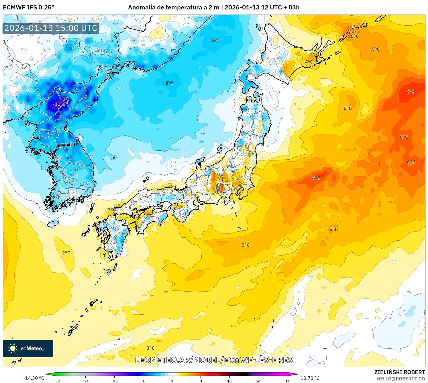 ECMWF IFS 0.25° model - Japón, Anomalía de temperatura a 2 m