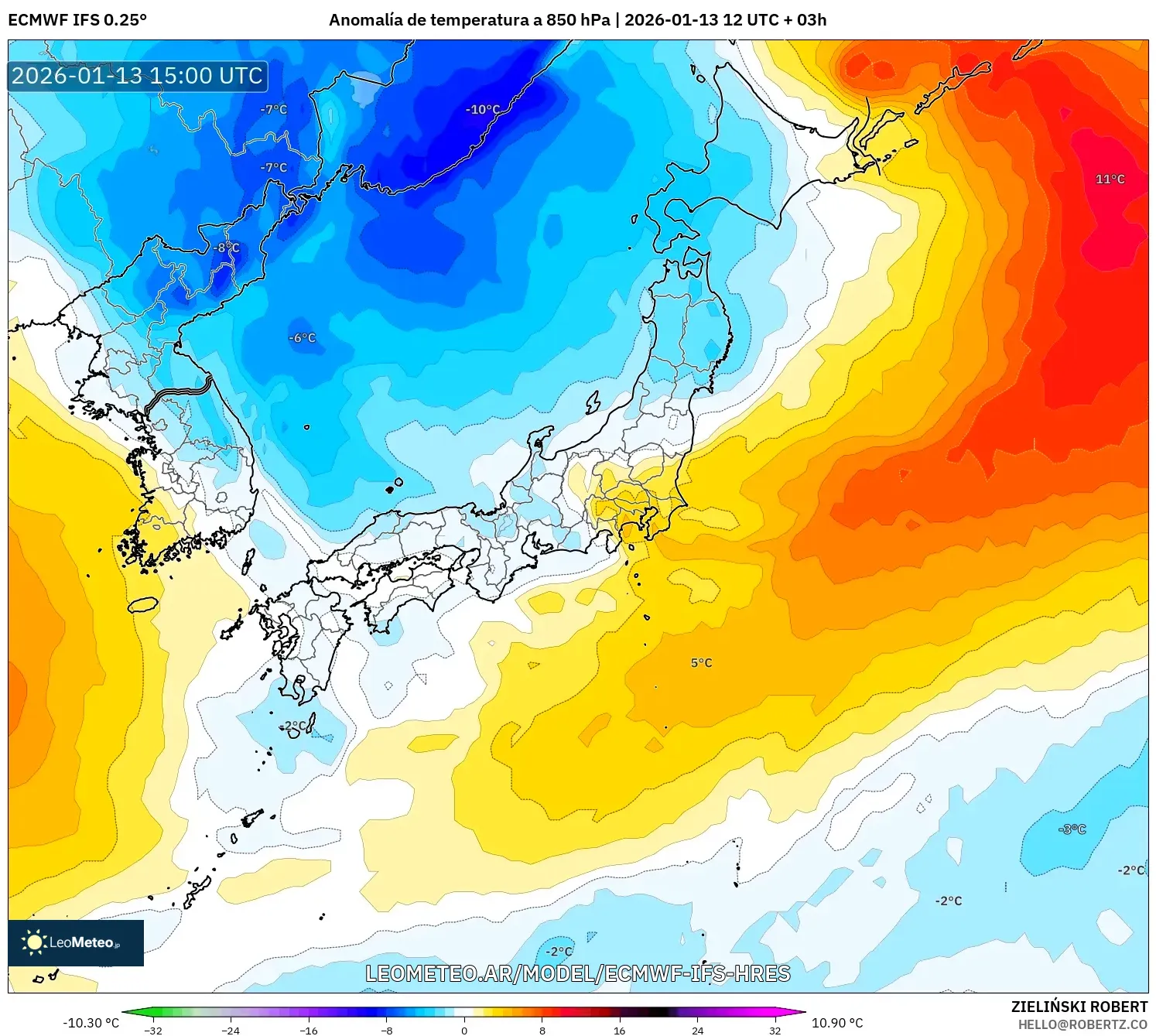 ECMWF IFS 0.25° model - Japón, Anomalía de temperatura a 850 hPa