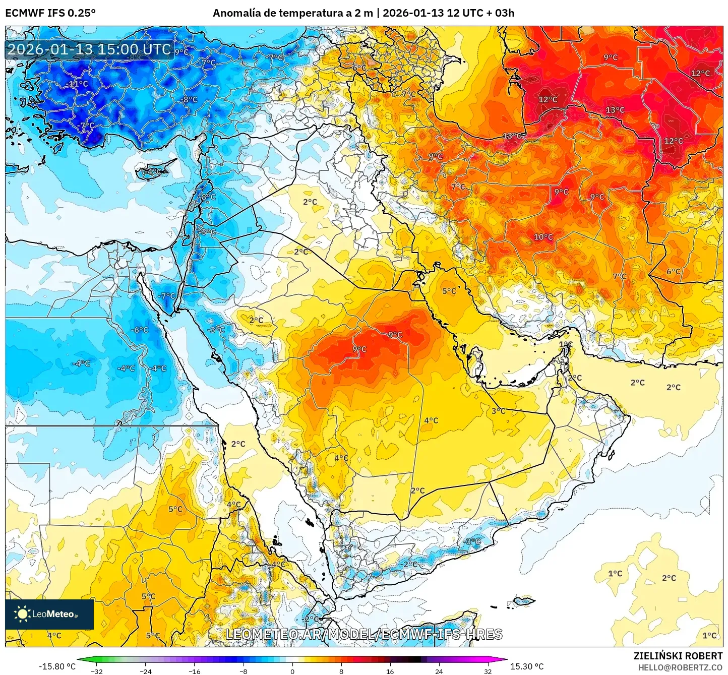 ECMWF IFS 0.25° model - Oriente Medio, Anomalía de temperatura a 2 m