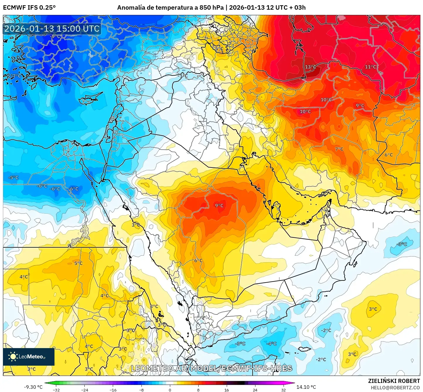 ECMWF IFS 0.25° model - Oriente Medio, Anomalía de temperatura a 850 hPa