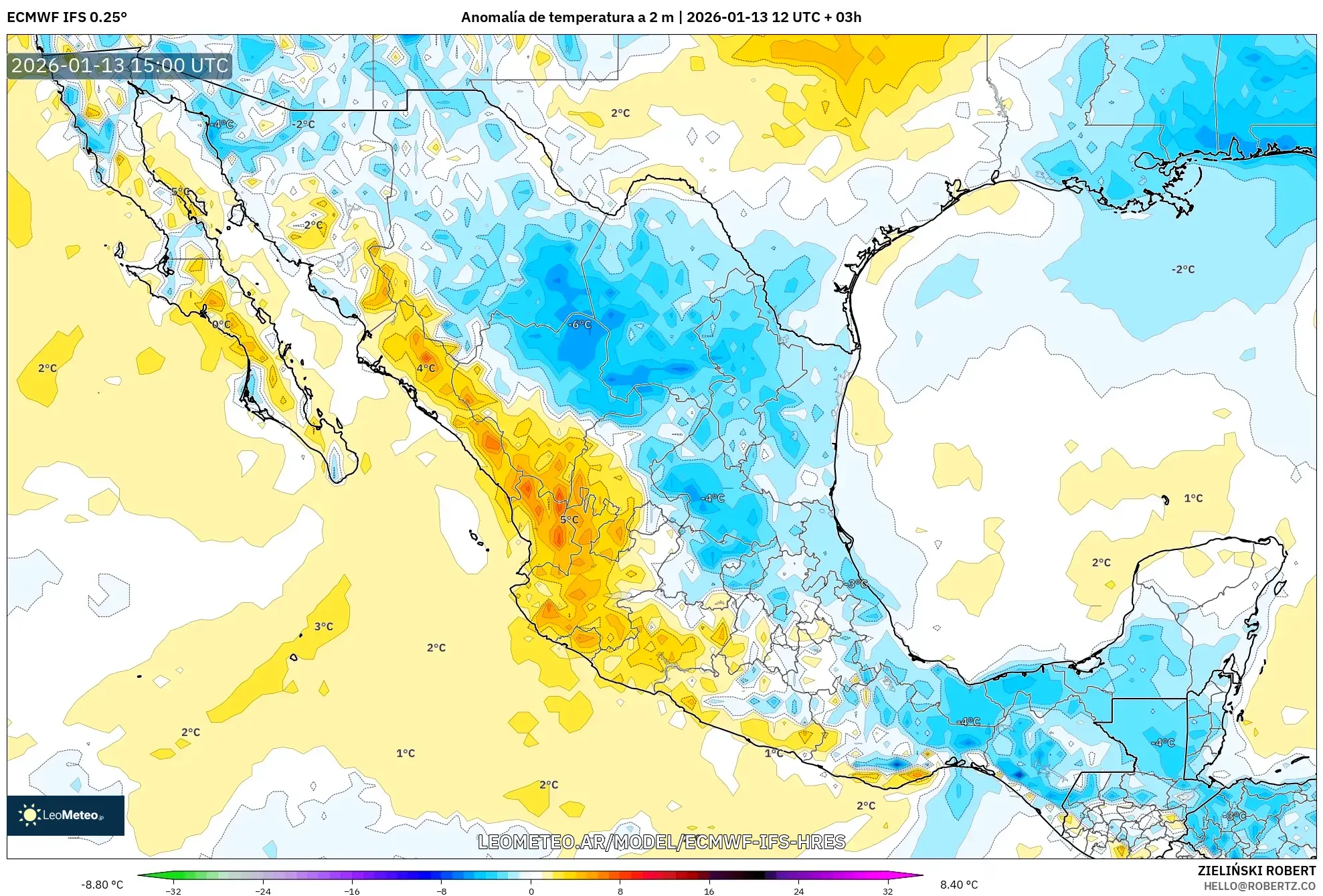 ECMWF IFS 0.25° model - México, Anomalía de temperatura a 2 m