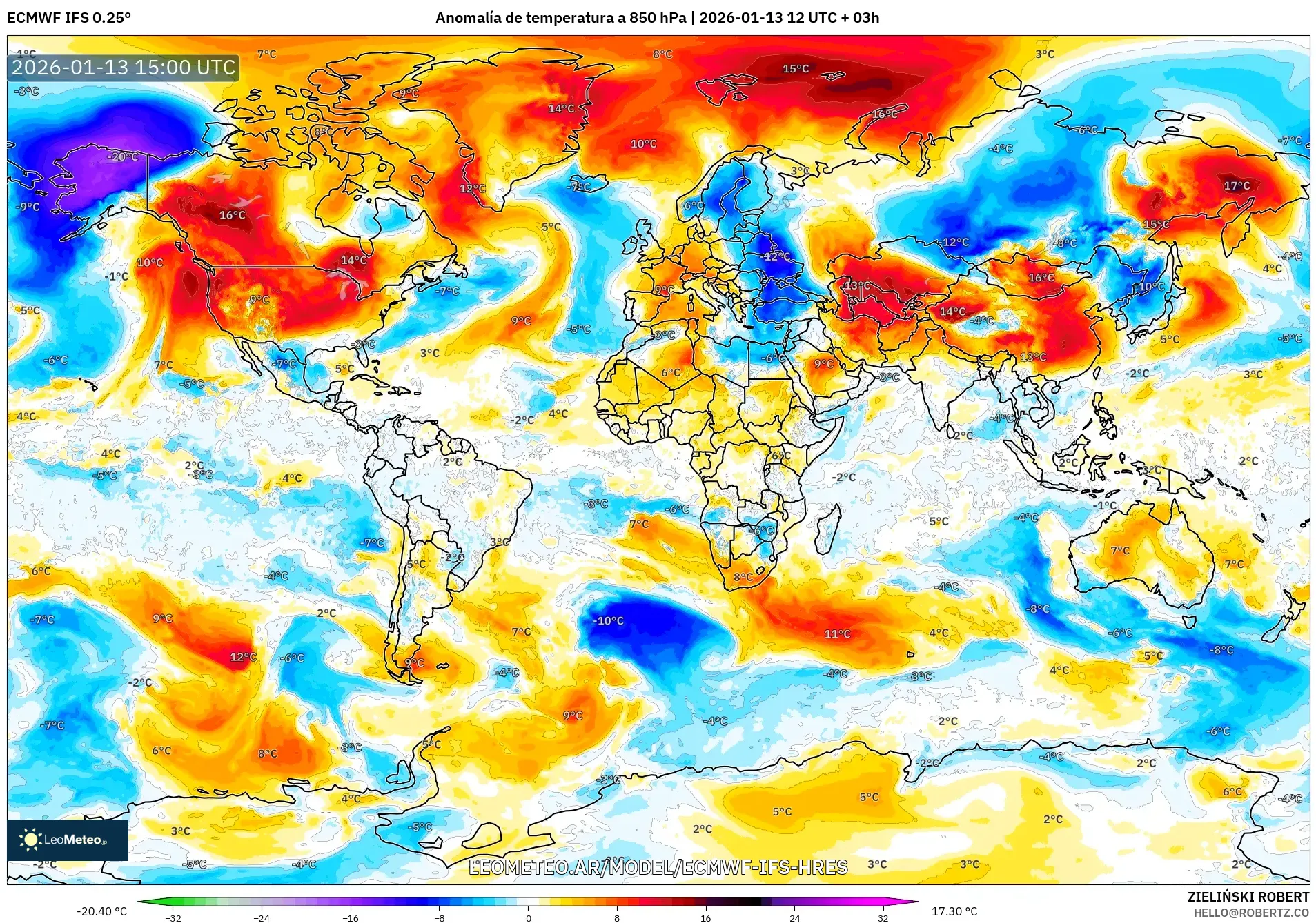 ECMWF IFS 0.25° model - Mundo, Anomalía de temperatura a 850 hPa