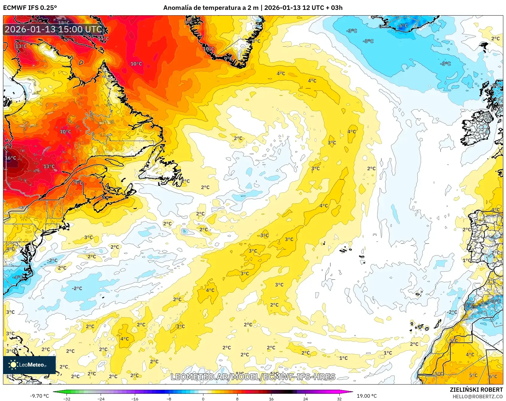 ECMWF IFS 0.25° model - Norte Atlántico, Anomalía de temperatura a 2 m
