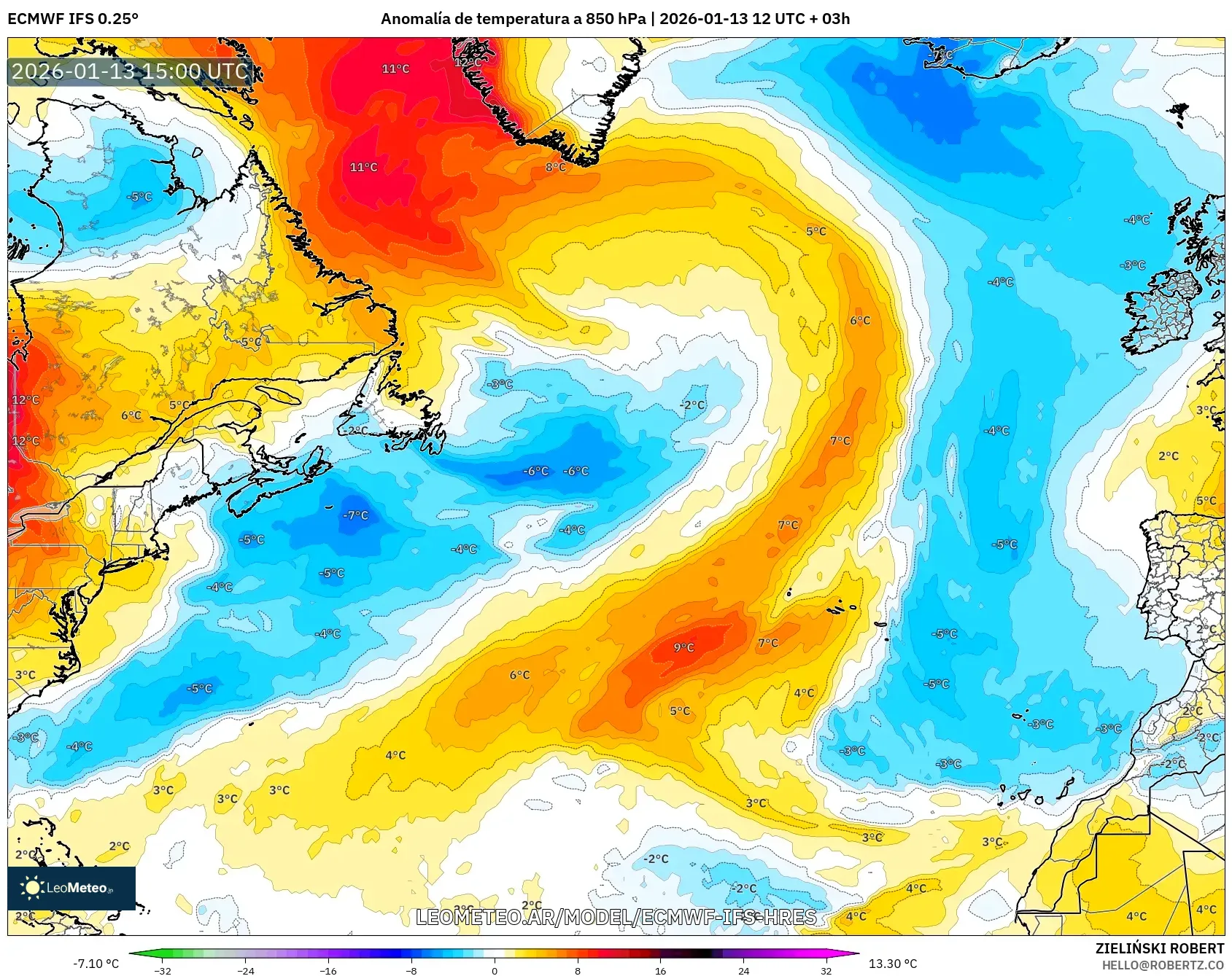 ECMWF IFS 0.25° model - Norte Atlántico, Anomalía de temperatura a 850 hPa
