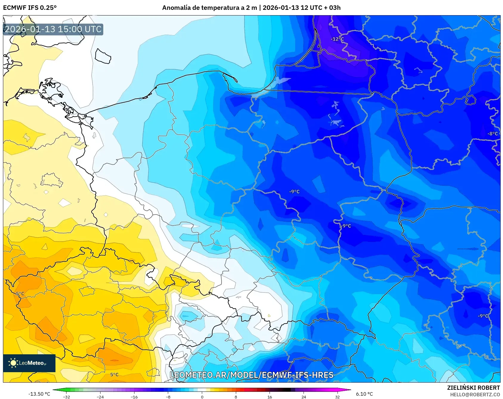 ECMWF IFS 0.25° model - Polonia, Anomalía de temperatura a 2 m