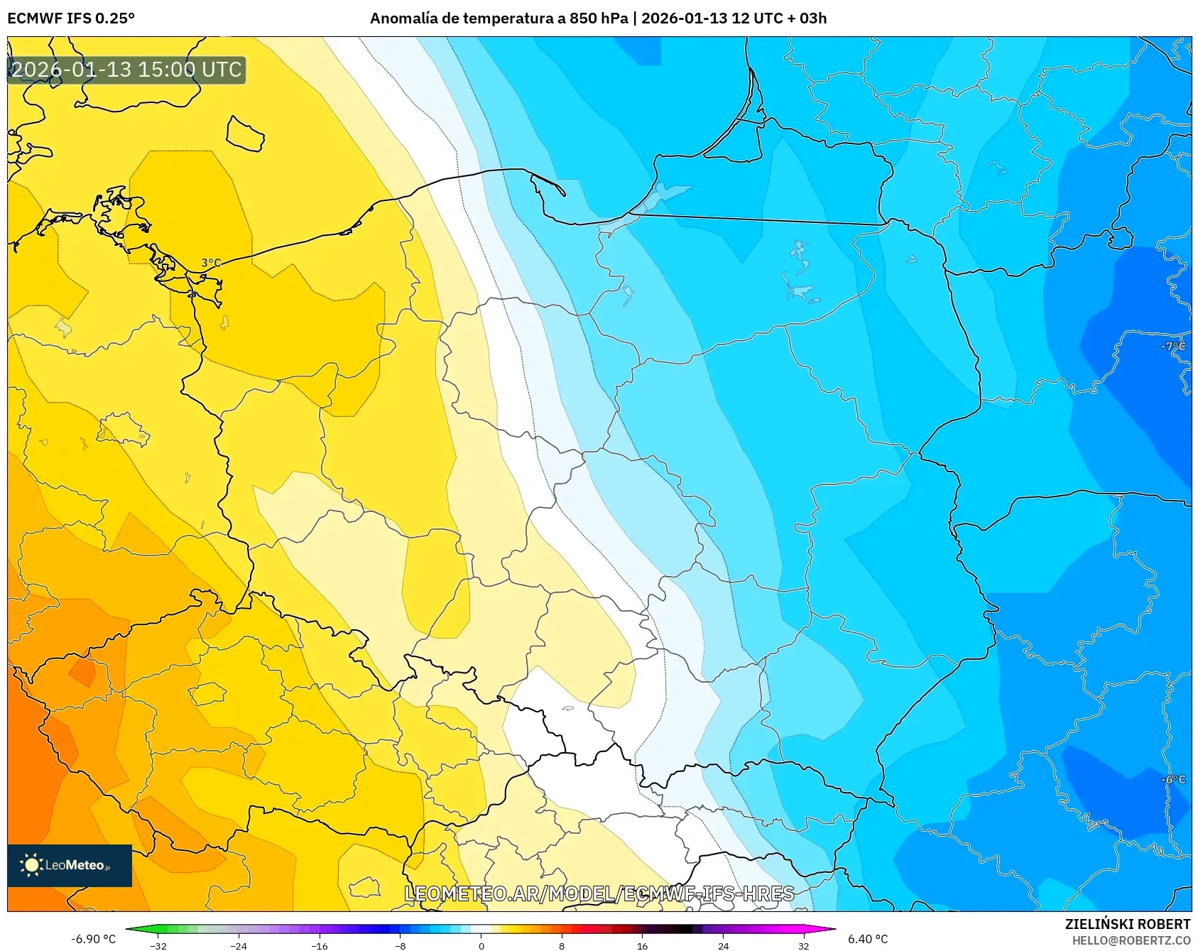 ECMWF IFS 0.25° model - Polonia, Anomalía de temperatura a 850 hPa