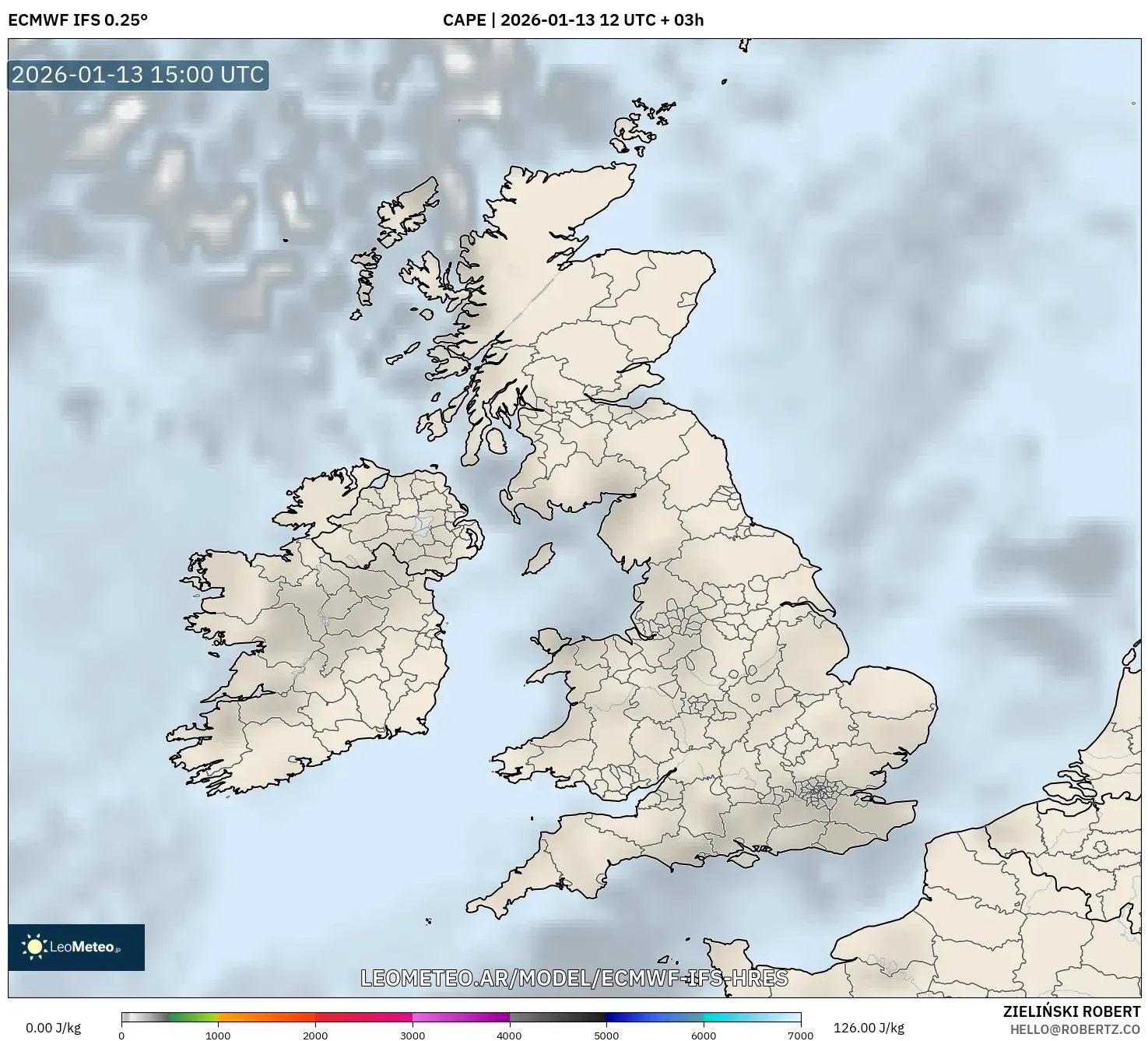 ECMWF IFS 0.25° model - Reino Unido, CAPE
