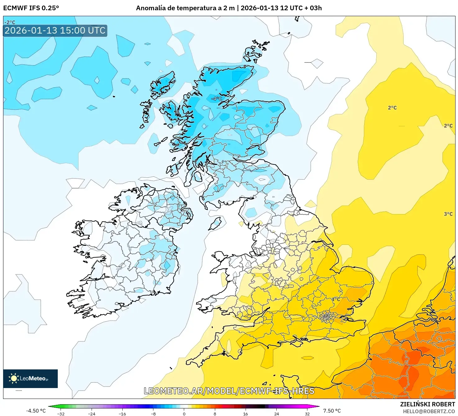 ECMWF IFS 0.25° model - Reino Unido, Anomalía de temperatura a 2 m